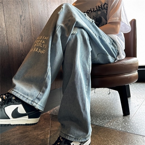 k705-p48-控68 M-5XL 现货oversize cleanfit风黄泥牛仔裤破洞图片