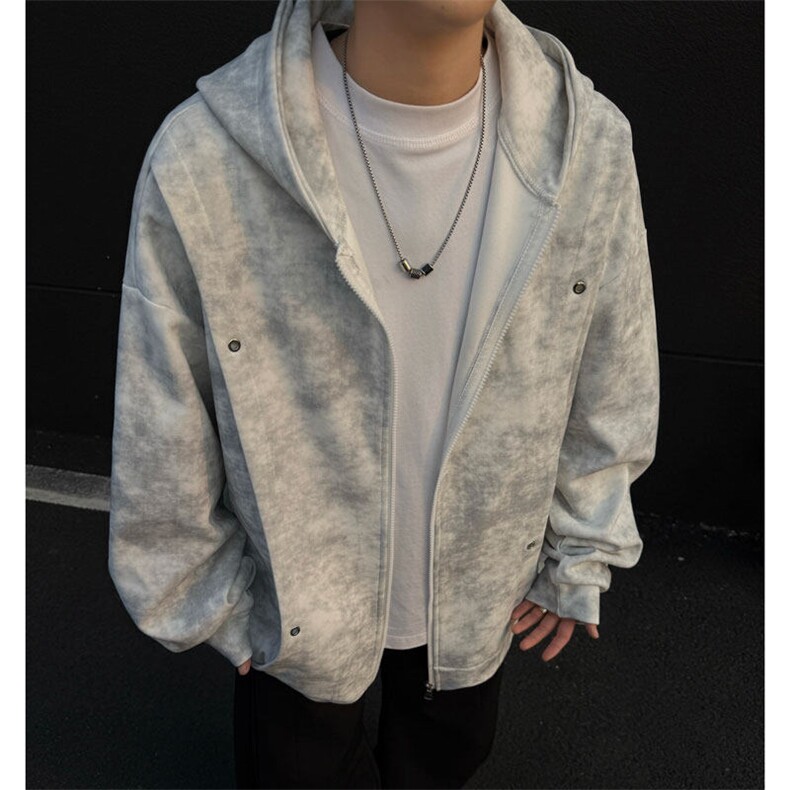 2025年春季新款无影墙扎染脏脏布百搭连帽拉链开衫卫衣YY6866-P68，男装卫衣，电商C216