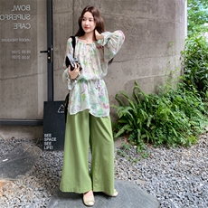 【现货】喇叭袖露肩碎花上衣休闲裤套装2C158-6010-P165-K238，女装套装/套裙，2C158