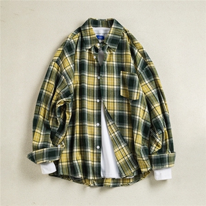 B413-1-DX6139日系复古长袖格子衬衫男宽松休闲港风潮流衬衣外套图片