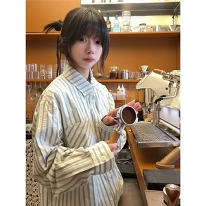 FFY2162-P48 美式长袖条纹衬衫男潮牌宽松休闲学院衬衣外套图片