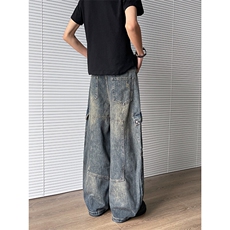 潮牌重磅多口袋弯刀牛仔裤男女炸街做旧水洗阔腿工装裤N07621-P63，男装牛仔裤，星座308B-1