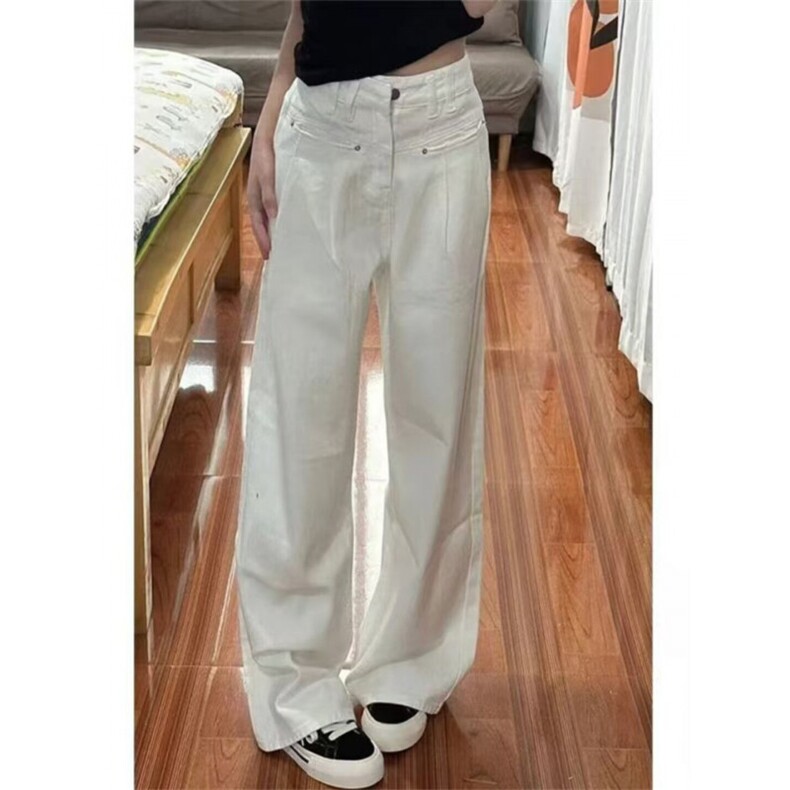 白色牛仔裤女2025夏季新款褶皱高腰垂感直筒裤拖地裤休闲阔腿长裤,男装牛仔裤,星座506A
