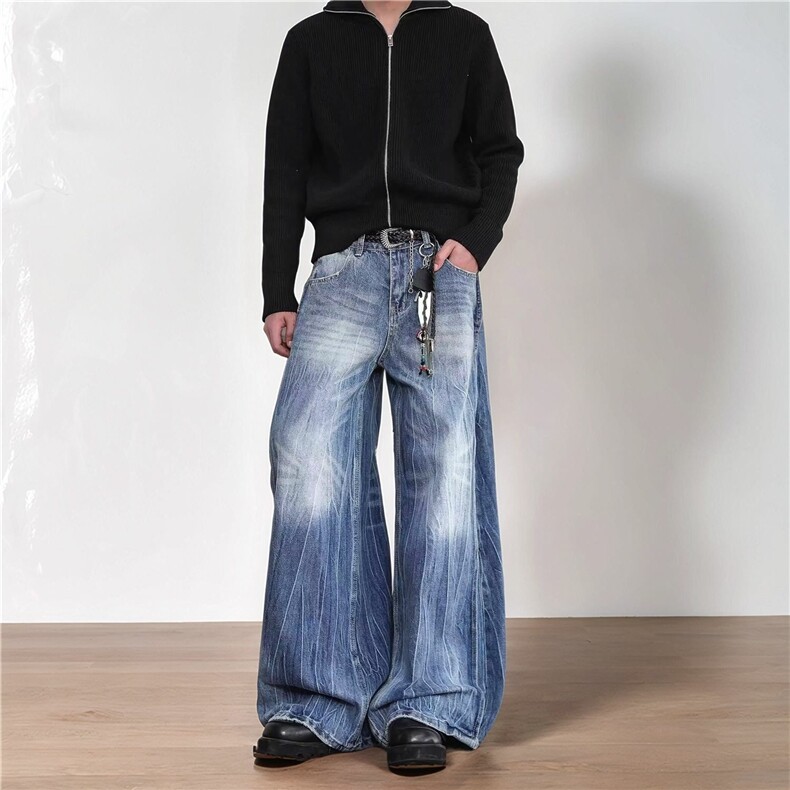 水洗闪电纹牛仔裤男款春秋季美式高街潮牌宽松休闲复古垂感拖地裤，男装牛仔裤，电商A306-2