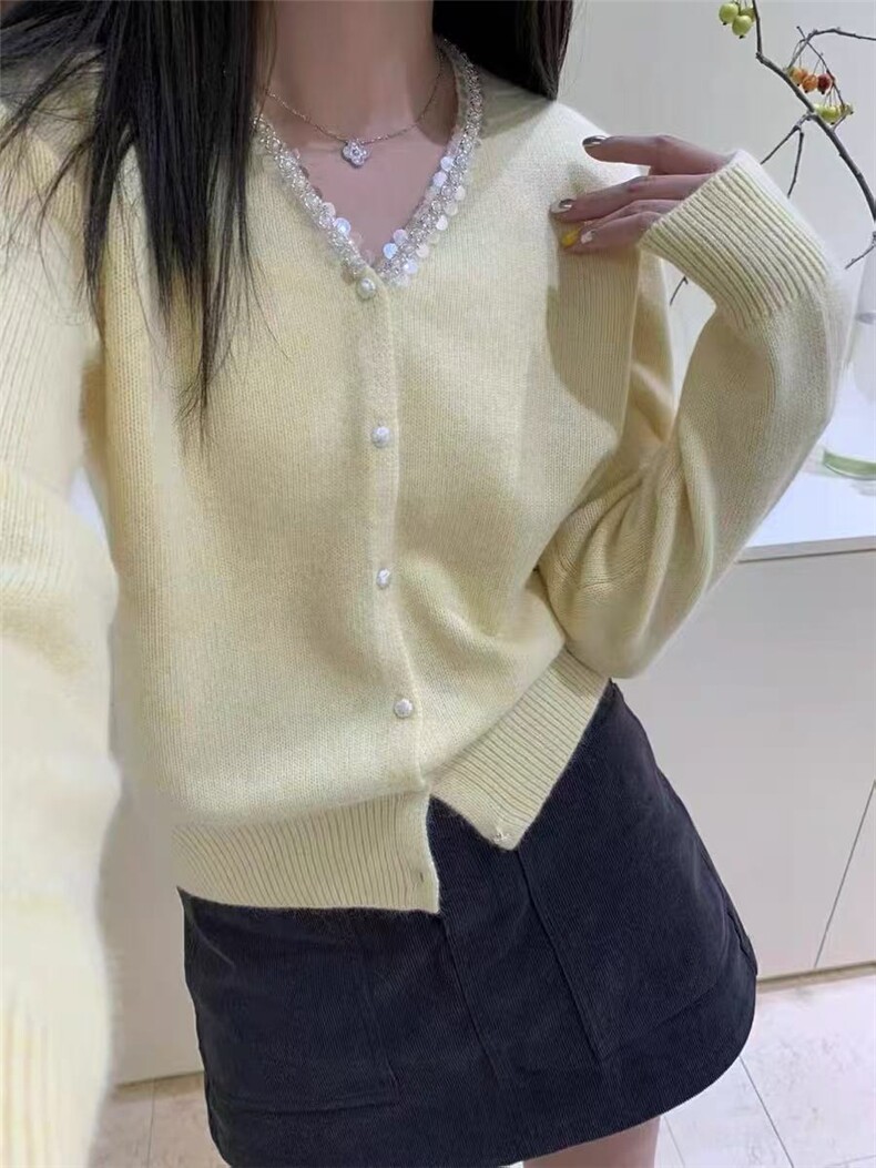 新款纯色手工亮片单排扣开衫时尚百搭,针织衫/毛衣,百纯羊绒