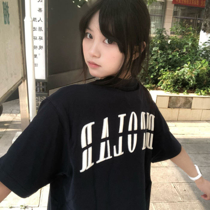 H0639-P35前后刺绣拉肩休闲宽松T恤男女同款4色全棉,男装T恤,星座617A-2