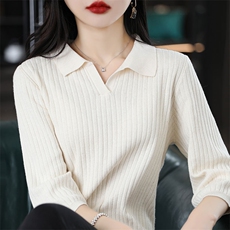 时尚百搭黑色娃娃领五分袖针织衫显瘦修身纯棉毛衣，女装针织衫/毛衣，桦兴羊绒