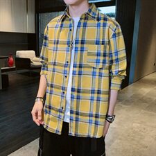 春季新款青少年长袖衬衫男士格子百搭衬衣帅气上衣服潮DS684T，男装衬衫，电商A102