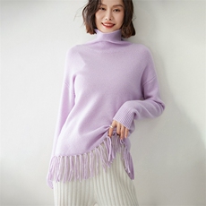 时尚流苏边高领女士羊绒衫舒适保暖显瘦设计，女装羊绒衫，迎冬羊绒