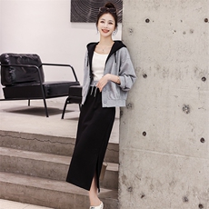 现货2023新款欧货潮撞色假两件卫衣半身裙套装女两件套洋气，女装套装/套裙，仟媚宠