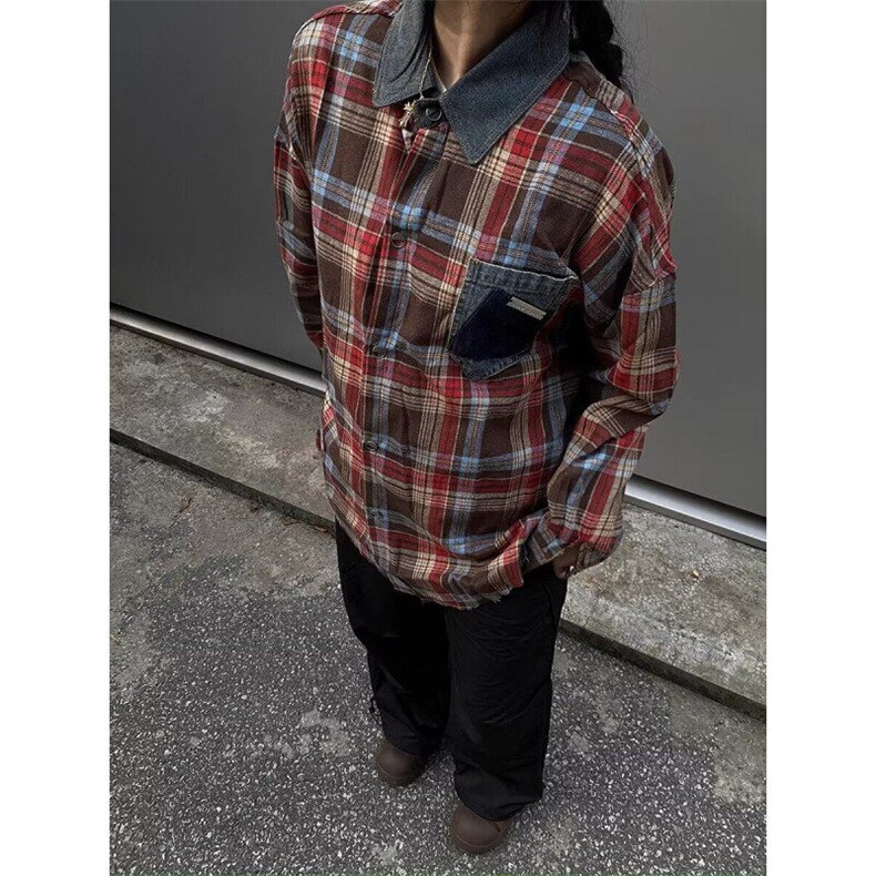 高级感外穿格子衬衫男女情侣复古宽松百搭早秋黄色格纹衬衣图片