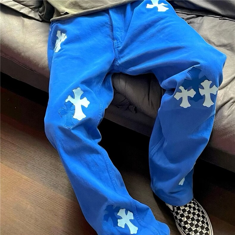 潮牌时尚潮流微喇冰洗直筒牛仔裤十字架贴皮宽松阔腿长裤-网图,男装皮裤,星座302B-2