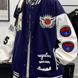 潮牌毛巾绣美式字母棒球服男女街头夹棉加厚夹克图片