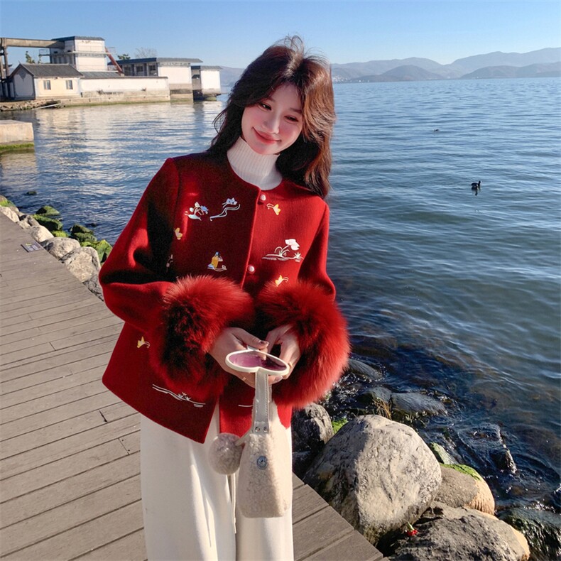 现货新款2183-P390-K569双面羊绒带袖毛狐狸毛可脱,女装双面呢大衣,然然