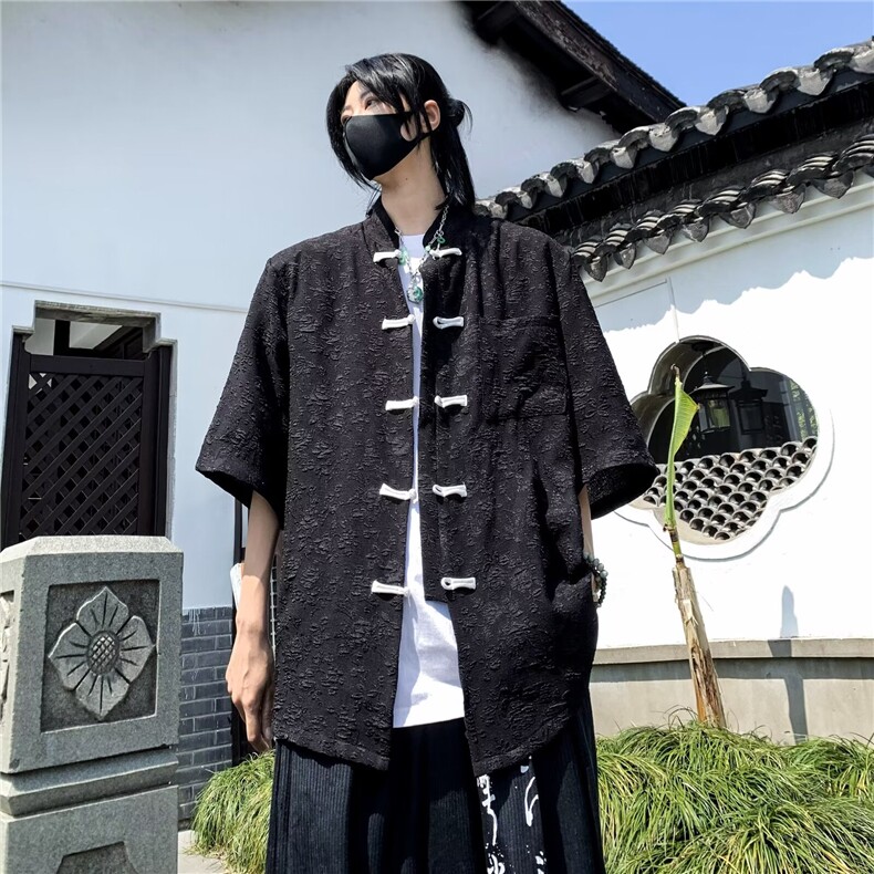风夏款男短袖衬衫提花唐装盘扣七分袖短衬衣CS1279P43,男装衬衫,星座1013-1