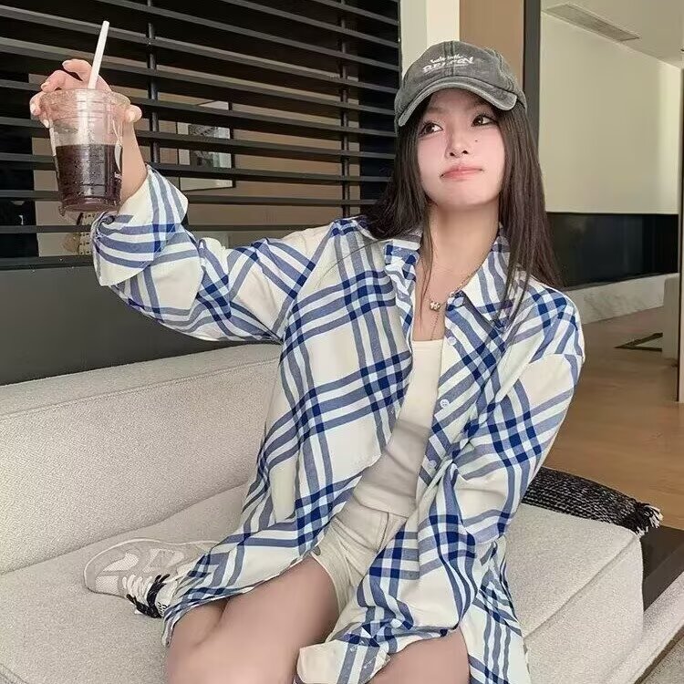 韩版气质拼色蓝白格纹衬衫女春夏宽松百搭新款衬衣超好看上衣外套,男装衬衫,星座1210-1