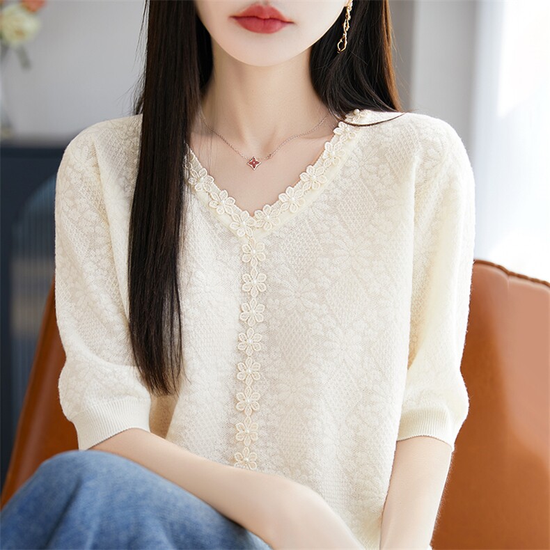2025夏季新款蕾丝V领短袖T恤女薄款冰丝针织设计感上衣遮肉小衫,针织衫/毛衣,暖烁特种纱工厂店