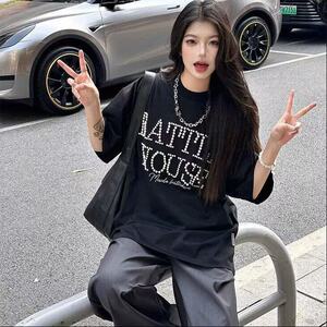 夏季质感立体珍珠字母刺绣T恤男中性美式复古百搭宽松上衣 TK09图片