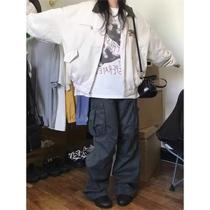 秋季复古简约宽松翻领ing小众飞行员夹克棒球服外套男女 JZ41图片