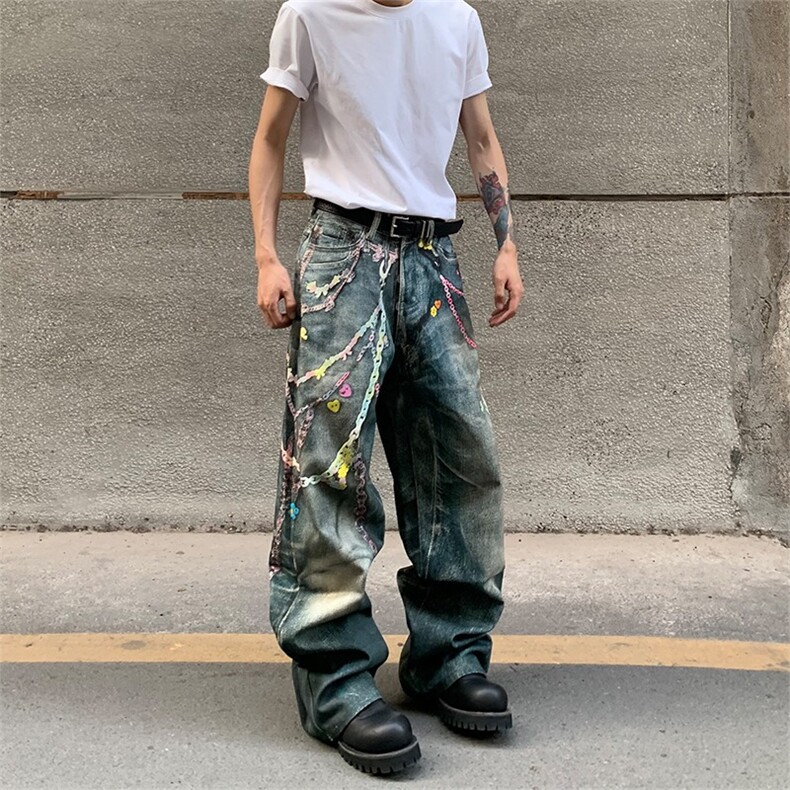 打印糖果裤链印花baggy牛仔裤男女宽松直筒阔腿裤子XX711,男装牛仔裤,星座208-5