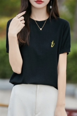 夏薄款莱赛尔天丝针织短袖女圆领刺绣桑蚕丝T恤打底宽松半袖上衣，女装针织衫/毛衣，朝贺羊绒