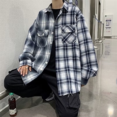春夏季新款衬衫潮流慵懒男方领宽松型拼接格子衬衫TS39P38，男装衬衫，星座1116-2