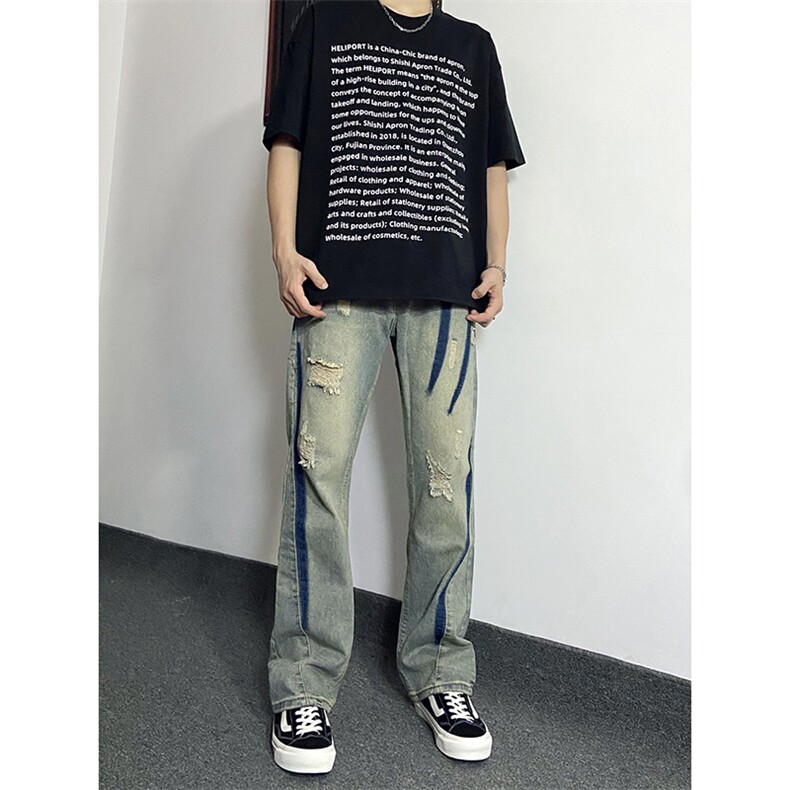 B221美式ins高街小众个性男女破洞牛仔裤LK23001-P65控88,男装牛仔裤,电商B221