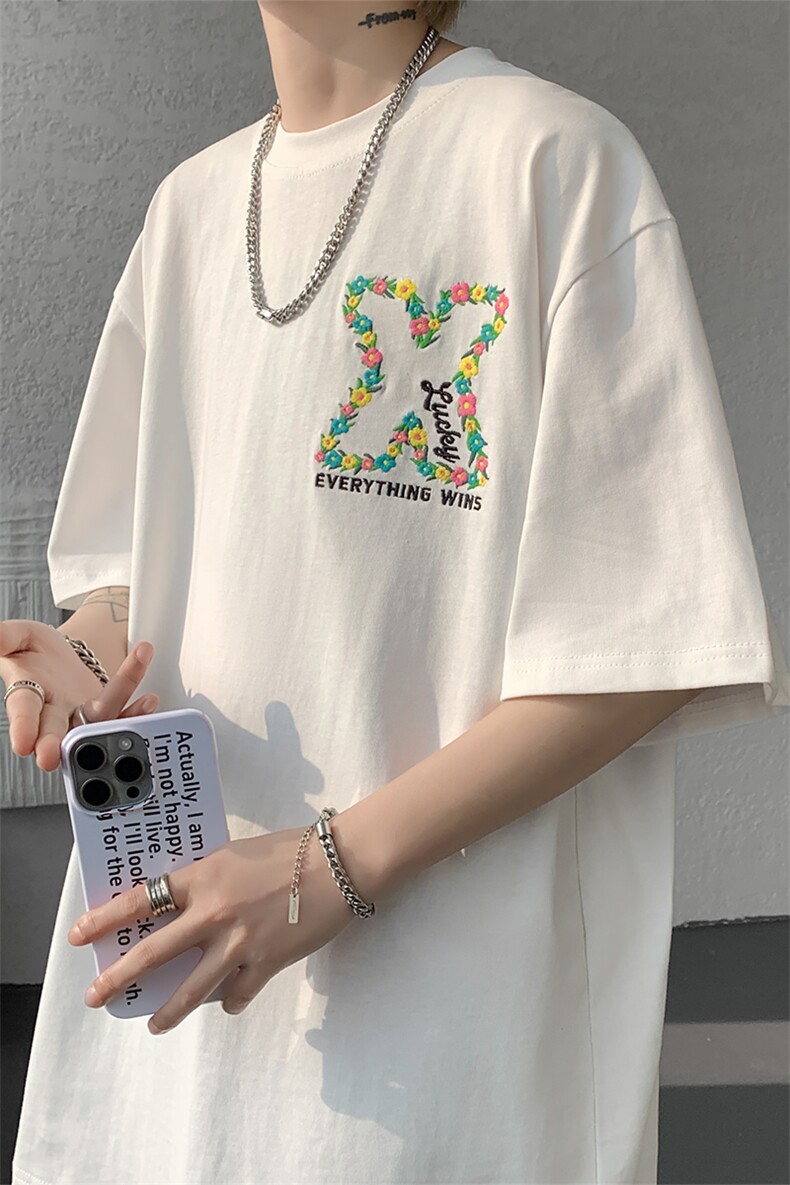 潮牌短袖T恤花绘刺绣设计感T恤美式复古刺绣立体短袖T恤半袖P50,男装T恤,电商B319