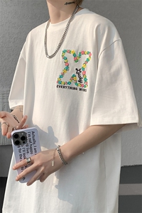 潮牌短袖T恤花绘刺绣设计感T恤美式复古刺绣立体短袖T恤半袖 P50图片