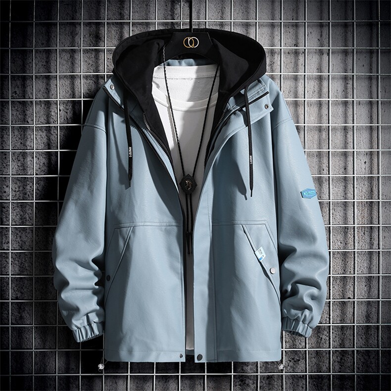 夹克男日系挂拍连帽卫衣领假俩件PU皮上衣外套DSA157B-J8068-P95图片