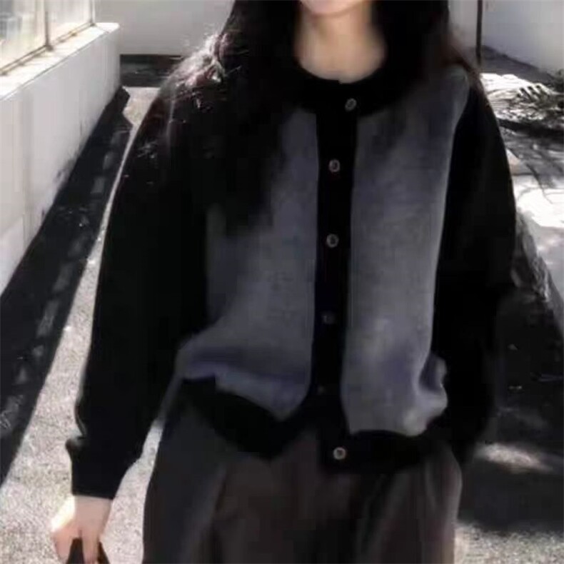 秋冬新款羊毛撞色圆领开衫简约个性显瘦保暖外套,女装羊毛衫,旭驰羊绒