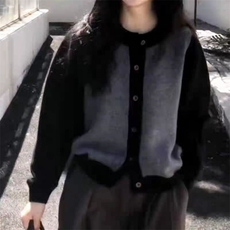 秋冬新款羊毛撞色圆领开衫简约个性显瘦保暖外套，女装羊毛衫，旭驰羊绒