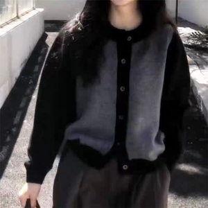 秋冬新款羊毛撞色圆领开衫 简约个性显瘦保暖外套图片