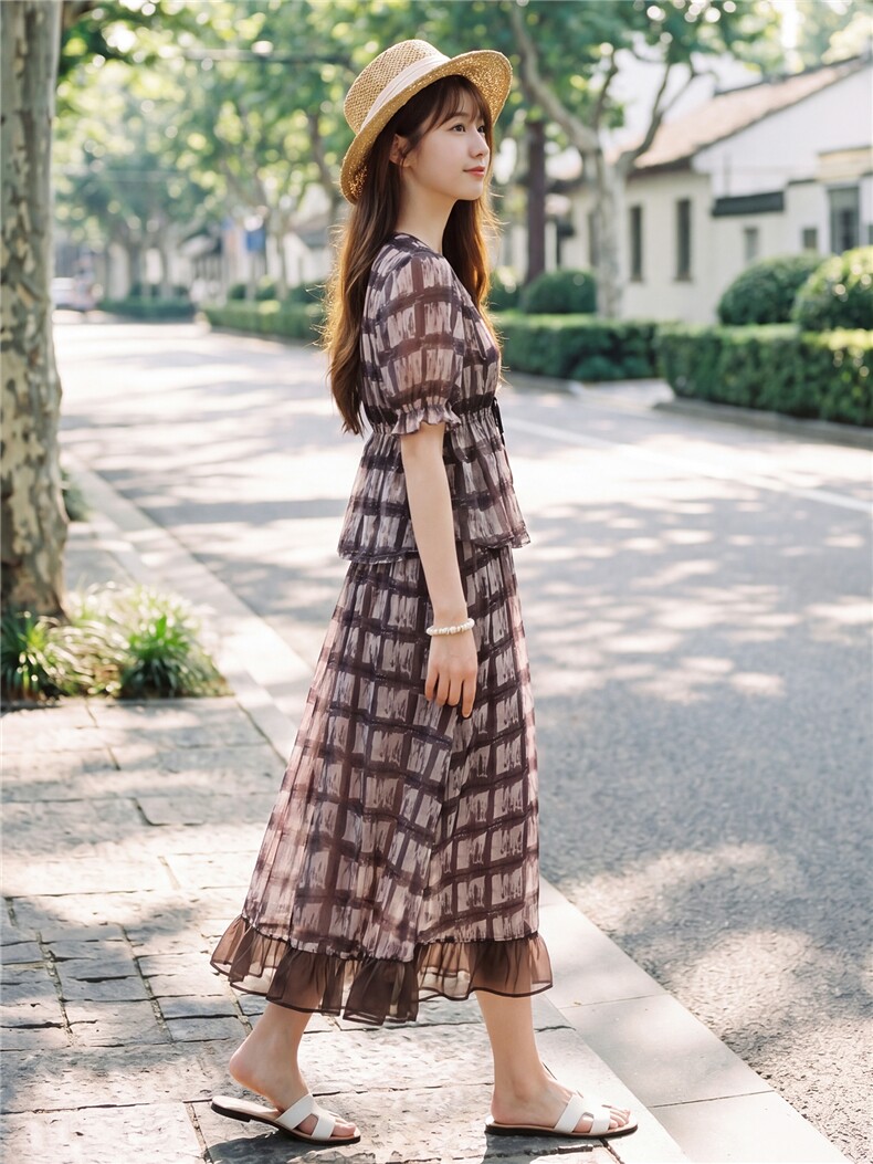 时尚休闲格纹显瘦系带上衣木耳边半裙超仙两件套女,女装套装/套裙,水衣源