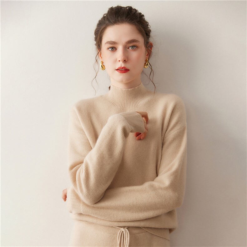 新款重工斜纹高领纯色针织衫套头上衣女，女装针织衫/毛衣，广悦羊绒