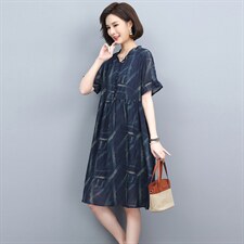 雪纺连衣裙女夏2024新款中年妈妈宽松显瘦大码中长款休闲a字裙子，女装连衣裙，忆绮罗