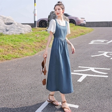 女童裙子套装夏季2024新款儿童牛仔连衣裙泡泡袖短袖T恤两件套潮，女装套装/套裙，慧尚依恋