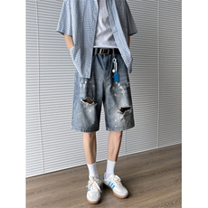 美式夏季做旧水洗破洞牛仔短酷男痞帅休闲宽松五分裤潮DK271-P45，男装牛仔裤，星座308B-1