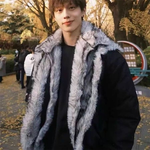 美式复古短款毛领座山雕外套男款冬季cleanfit解构连帽厚夹克棉服图片