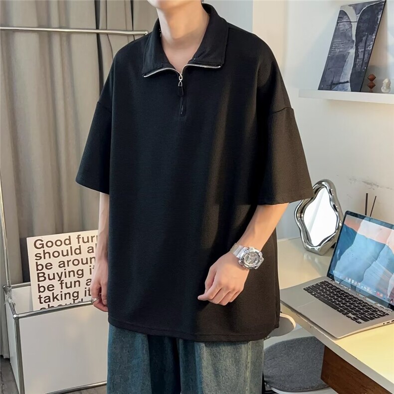 华夫格短袖POLO衫男夏季宽松休闲上衣美式潮牌半拉链t恤WB095-P29,男装Polo衫,星座412-3