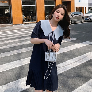宽松休闲娃娃领雪纺连衣裙女夏2025新款可盐可甜学院风黑色百褶裙图片