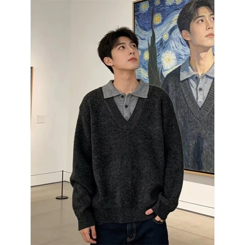 韩系复古加厚假两件polo领针织衫宽松保暖休闲男女毛衣LAM855-p51图片