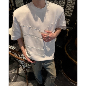 25设计感男士拼接刺绣重工定珠解构男士垫肩T恤dx251-p78图片