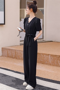 黑色工装连体裤女夏新款宽松高腰炸街网红直筒休闲连衣裤子图片