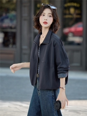 极简风休闲气质短款外套女2025春秋新款时尚宽松百搭拉链夹克上衣，女装短外套，米莱