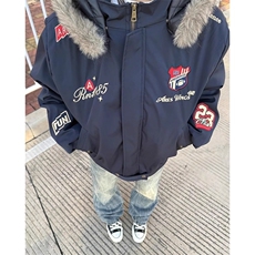 现货DMF502-特批80冬季潮牌潮流学院风毛领连帽派克服外，男装卫衣，星座603-2