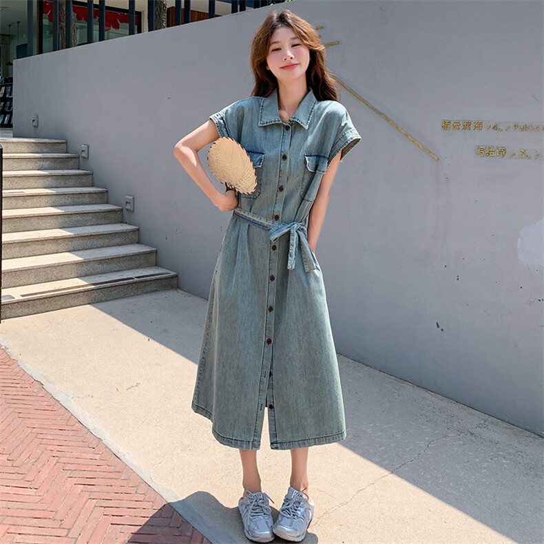 港风复古休闲牛仔连衣裙女2025夏季新款高级感显瘦长款直筒衬衫裙,女装连衣裙,维壹