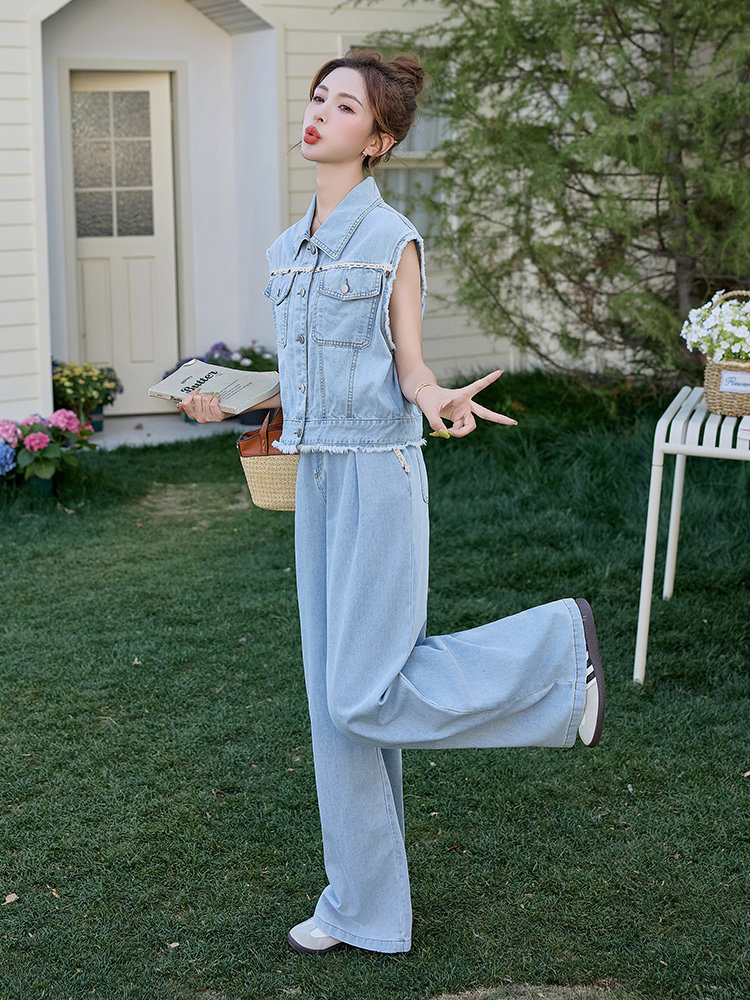 （新款现货）2026牛仔套装夏季女无袖马甲长筒半身裙吊带两件套,女装套装/套裙,印象茜