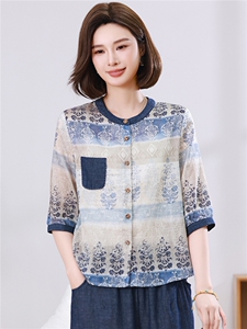 2026夏季新款天丝印花衬衫女中年妈妈宽松圆领中袖图片