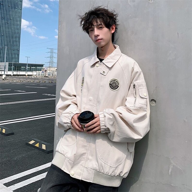 2025春季新款男装日系潮牌纯色外套胸章刺绣贴标休闲翻领拉链夹克图片